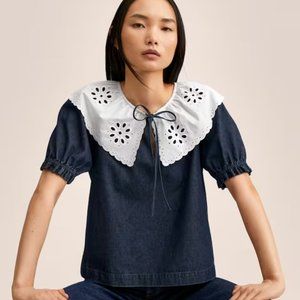 Mango Jean Babydoll Big Oversized Collar Blouse Top S Victorian Kawaii Harajuku
